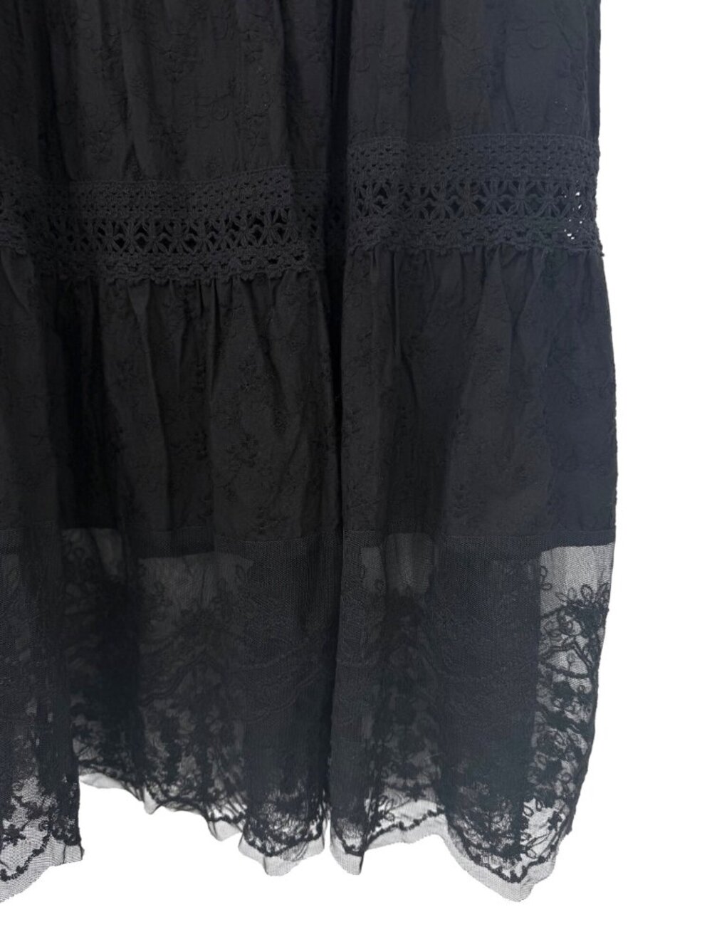 SUSAN GRAVER BLACK TIERED BOHO CROCHET MAXI SKIRT W/ LACE BOTTOM - L - Picture 2 of 5
